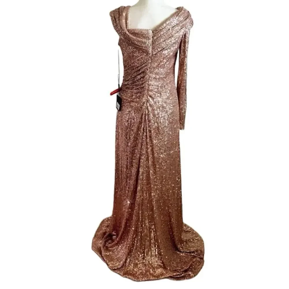 Mac Duggal NWT 26571 SEQUINED DROP SHOULDER FAUX WRAP GOWN in Copper Size 6